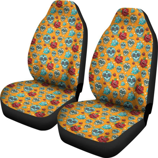 2 Pcs Floral Sugar Skull Day Of The Dead Skull Car Seat Covers 101819 - YourCarButBetter