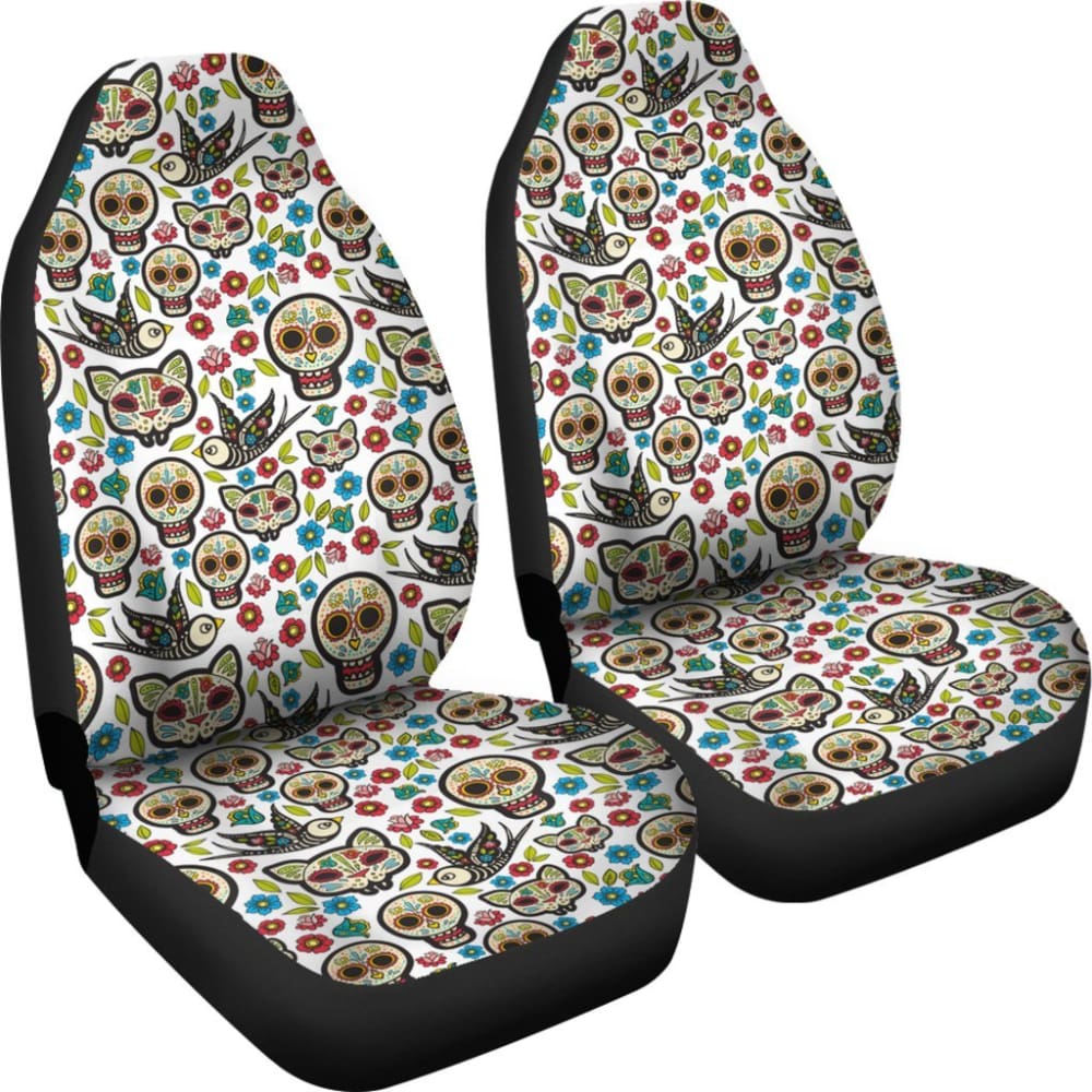 2 Pcs Floral Sugar Skull Day Of The Dead Skull Car Seat Covers 101819 - YourCarButBetter