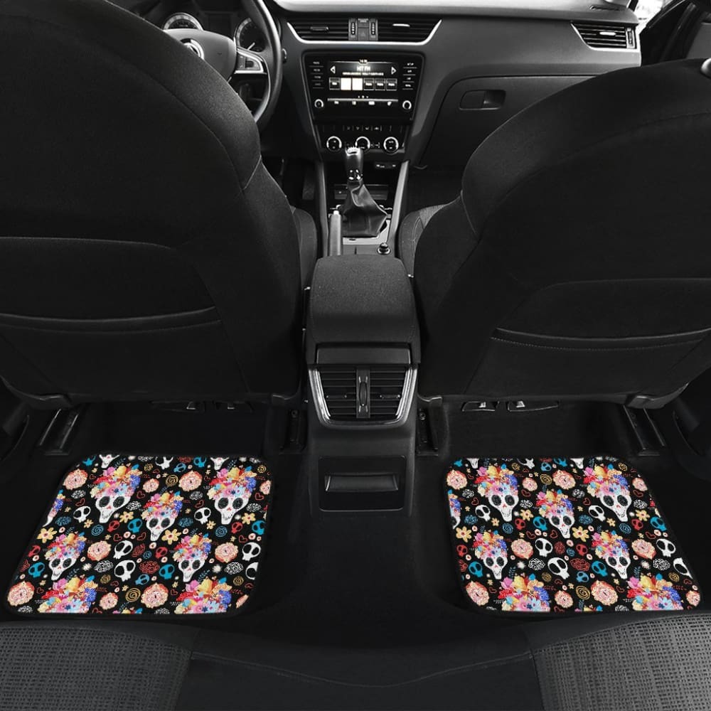 4 Pcs Floral Sugar Skull Car Mats 101819 - YourCarButBetter