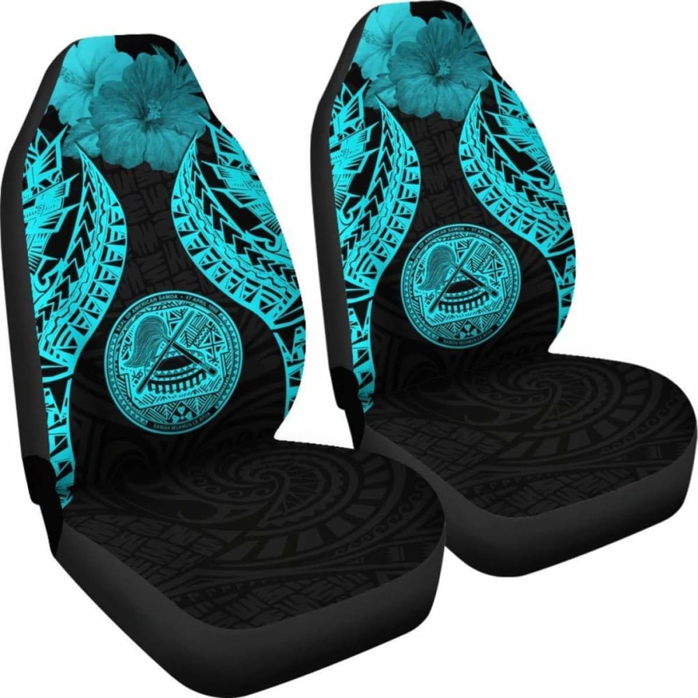 American Samoa Polynesian Car Seat Covers Pride Seal And Hibiscus Neon Blue - 232125 - YourCarButBetter