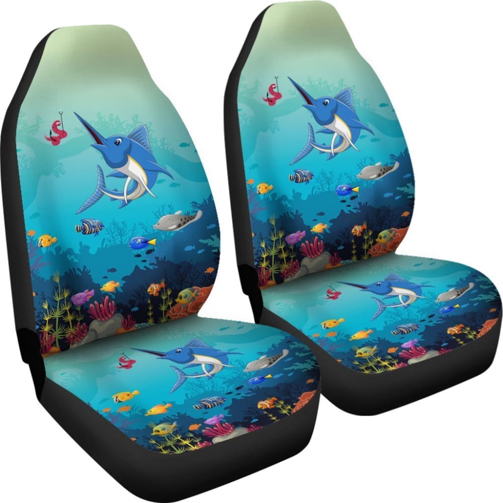 Blue Marlin Under The Sea Cartoon Fishing Car Seat Covers 182417 - YourCarButBetter