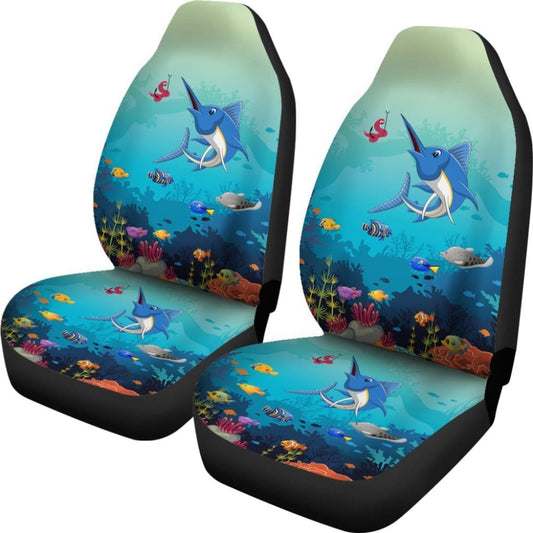 Blue Marlin Under The Sea Cartoon Fishing Car Seat Covers 182417 - YourCarButBetter