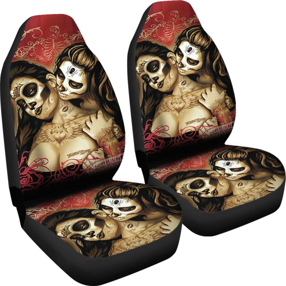 Couple Love Valentine Calavera Sugar Skull Style Car Seat Covers 211004 - YourCarButBetter
