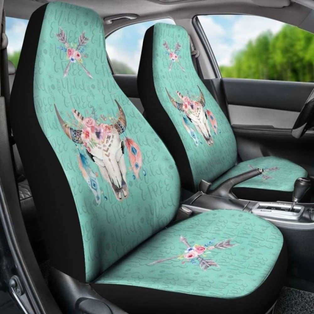 Cow Skull Boho Wild And Free Script Background Car Seat Covers Turquoise 144730