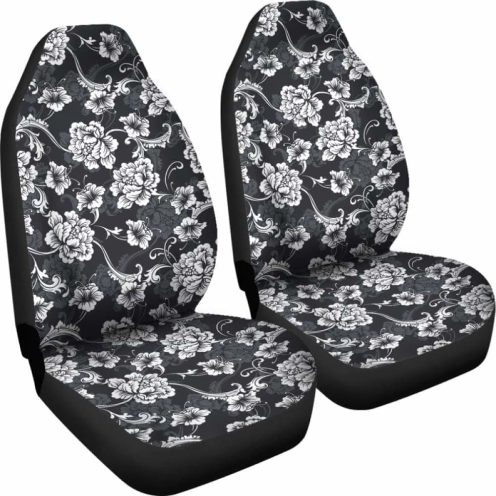 Dark Gray And White Baroque Flower Car Seat Covers 153908 - YourCarButBetter