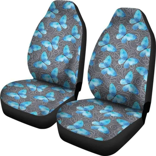 Dark Gray White Leaves Background With Blue Butterfly Car Seat Covers 171204