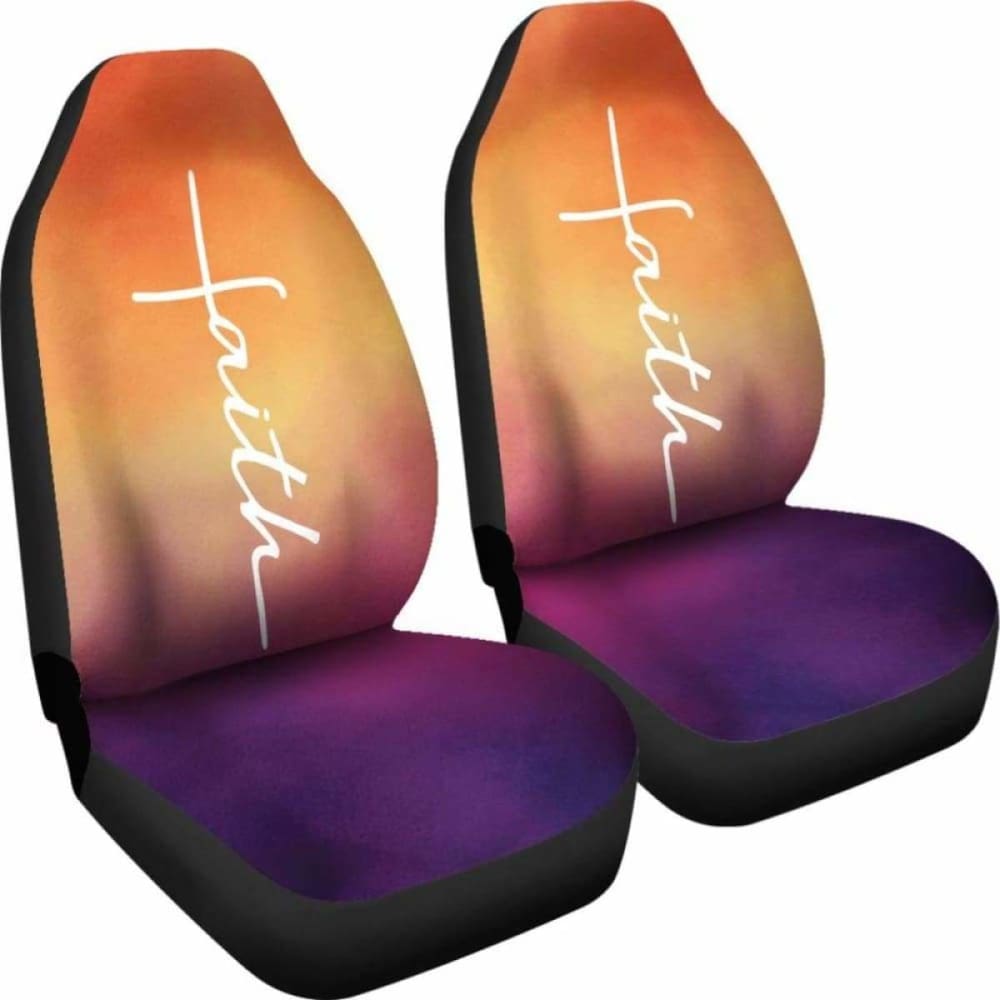 Faith Word Cross In White On Orange And Purple Ombre Car Seat Covers Religious Christian Themed 160905