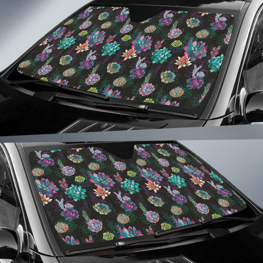 Succulent Colorful Black Background Watercolor Car Auto Sun Shades 212301