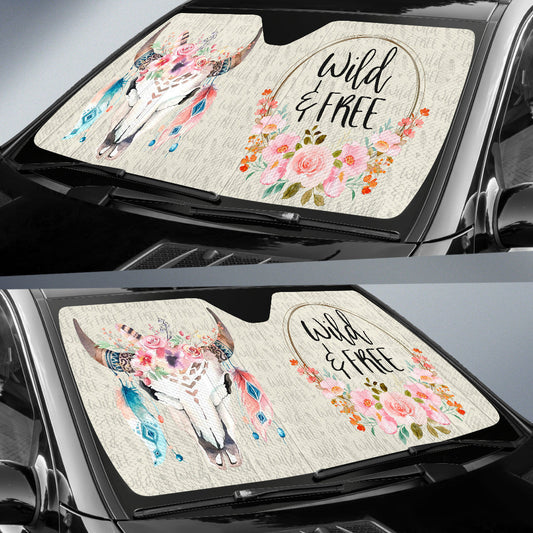 Wild And Free Dark Tan Boho Cow Skull Car Auto Sun Shades 211201