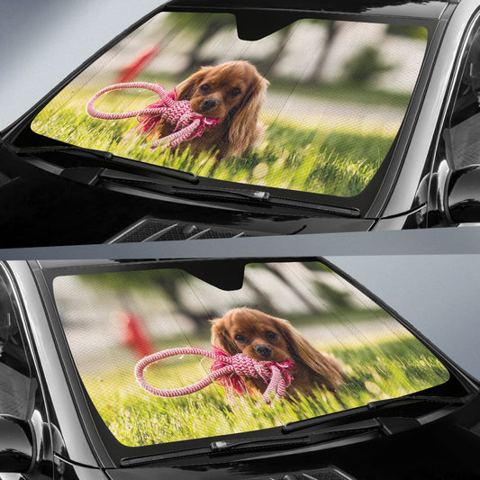 Cute Puppy Chewing Rope Garden Scene Car Auto Sun Shades 211502
