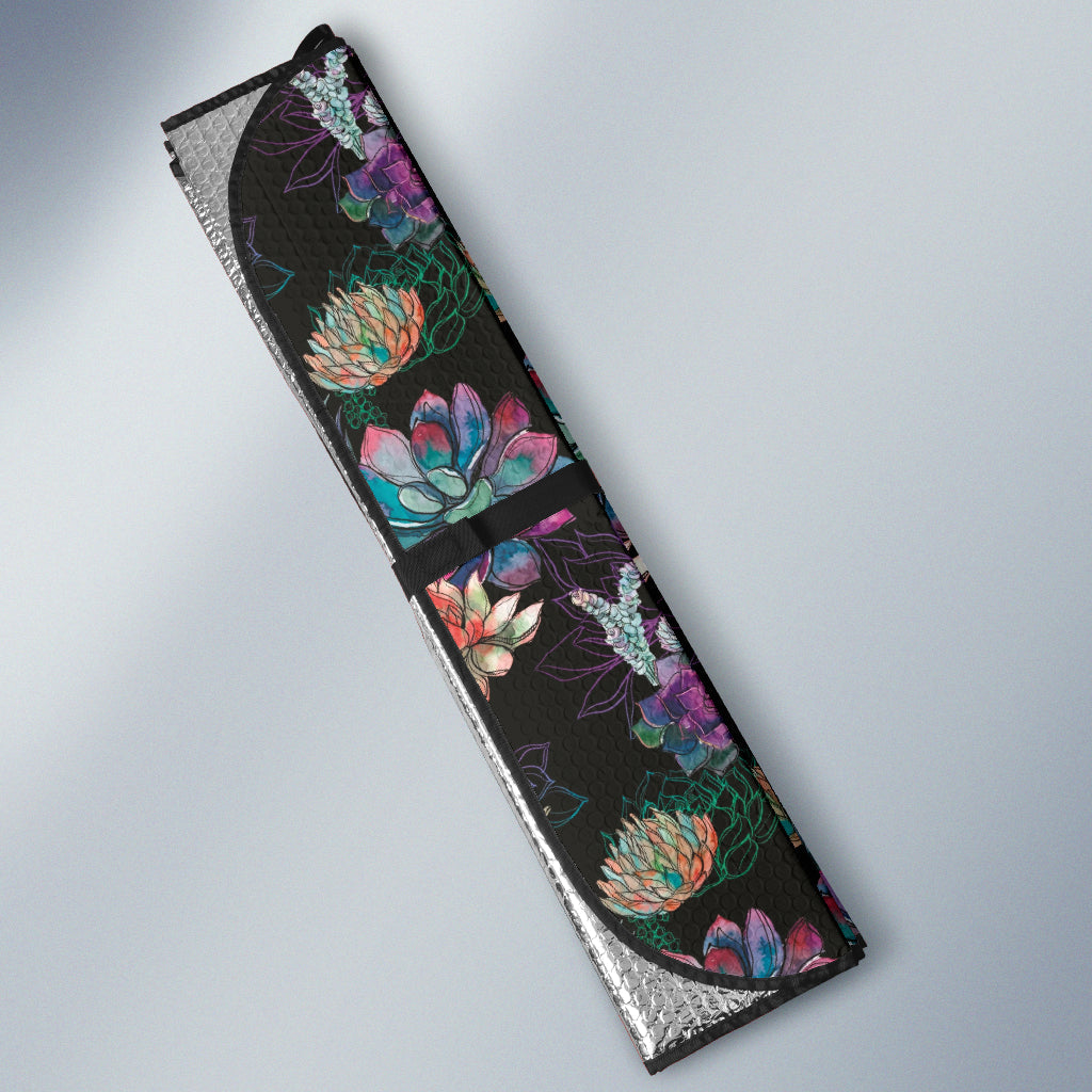 Succulent Colorful Black Background Watercolor Car Auto Sun Shades 212301