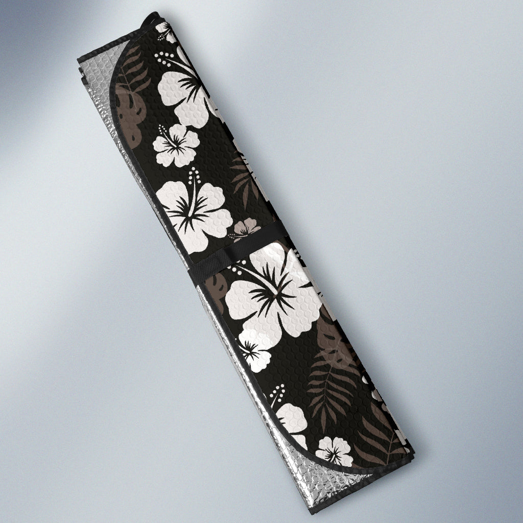 Black With Hibiscus Pattern In Gray And White Car Auto Sun Shades 212701