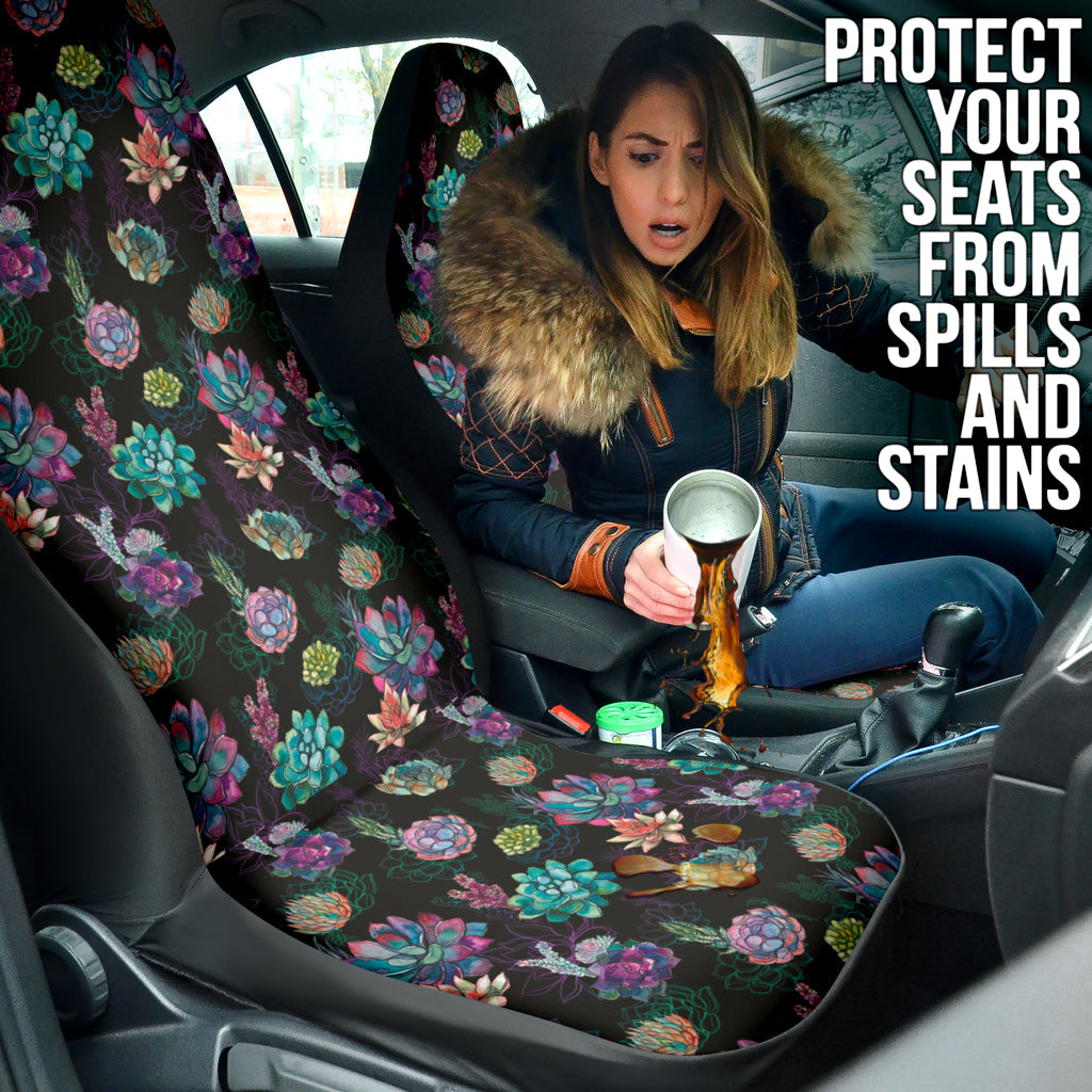 Succulent Colorful Black Background Watercolor Car Seat Covers 212301