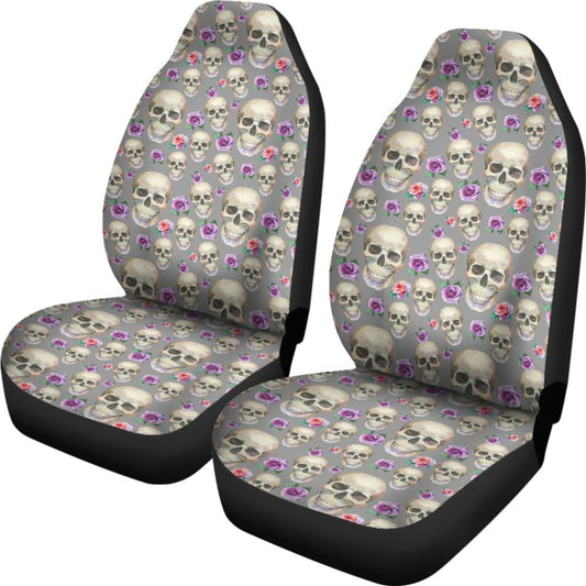 Gray With Skulls And Pink And Purple Roses Car Seat Covers Seat Protectors 174510 - YourCarButBetter