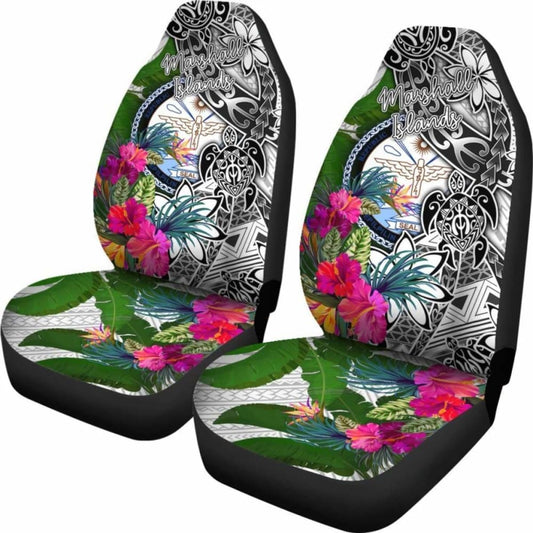 Marshall Islands Car Seat Covers White - Turtle Plumeria Banana Leaf Crest - 091114 - YourCarButBetter