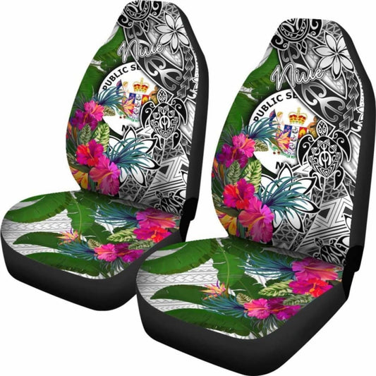 Niue Car Seat Covers White - Turtle Plumeria Banana Leaf - 091114 - YourCarButBetter