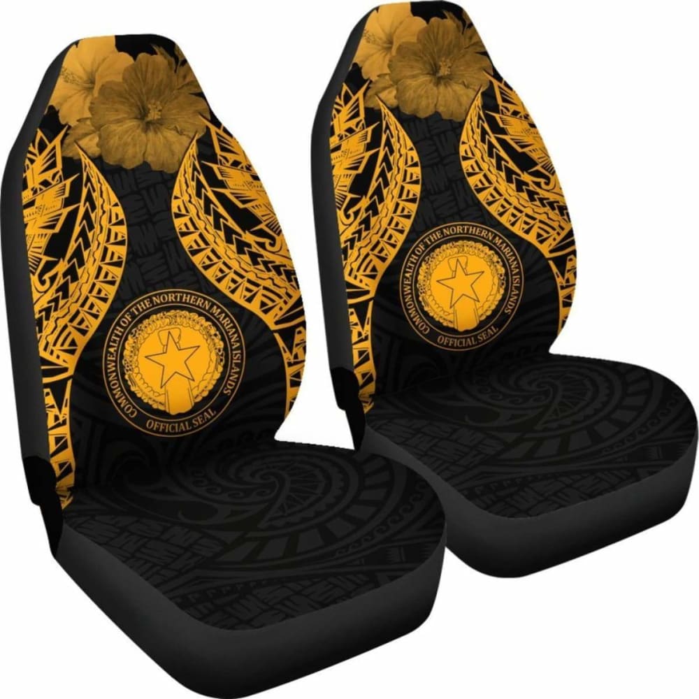 Northern Mariana Islands Polynesian Car Seat Covers Pride Seal And Hibiscus Gold - 232125 - YourCarButBetter