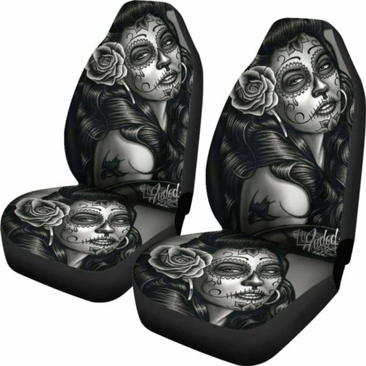 Set 2 Pcs Beautiful Girl Seat Cover Sugar Skulls 101207