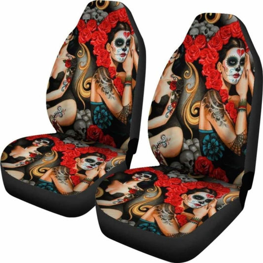 Set 2 Pcs Day Of The Dead Sugar Skull Car Seat Covers 101207