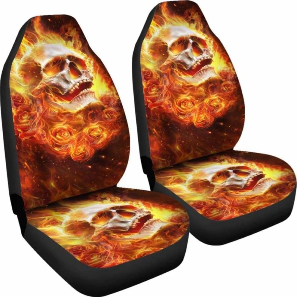 Set 2 Pcs Flaming Skull Fire Skull Seat Cover Sugar Skulls 101207