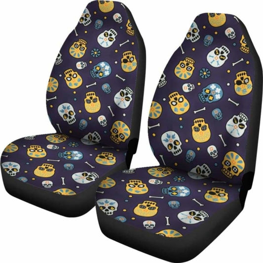 Set 2 Pcs Floral Sugar Skull Day Of The Dead Skull Car Seat Covers 101207
