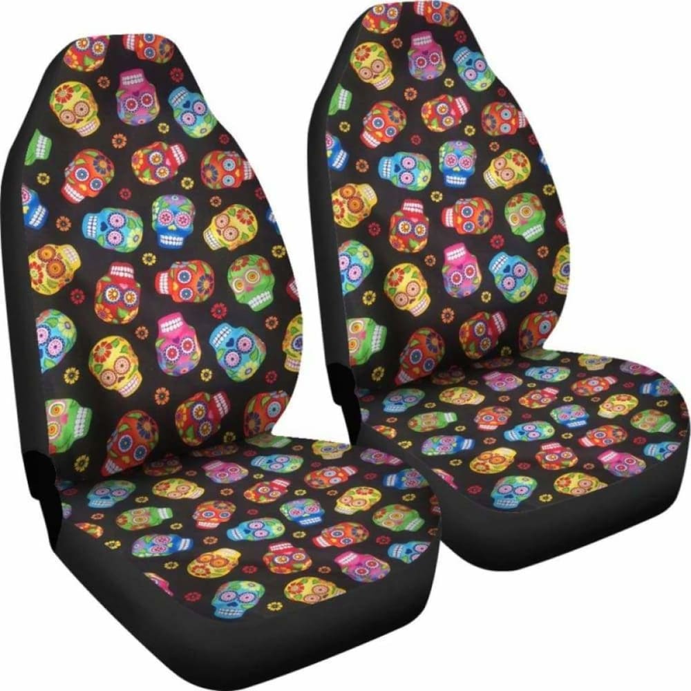 Set 2 Pcs Floral Sugar Skull Day Of The Dead Skull Car Seat Covers 101207