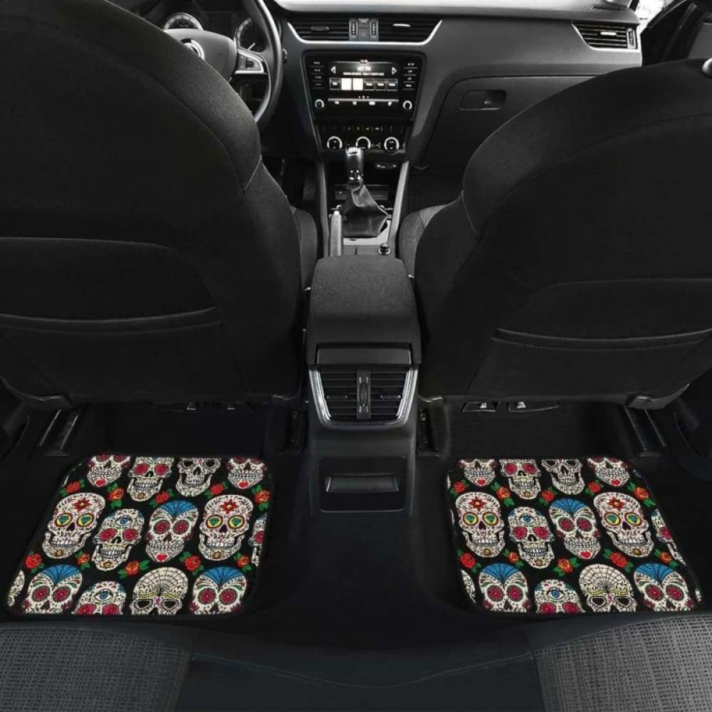 Set 2 Pcs Floral Sugar Skull Day Of The Dead Skull Car Seat Covers 101207