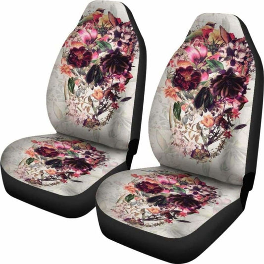 Set 2 Pcs Floral Sugar Skull Day Of The Dead Skull Car Seat Covers 101207