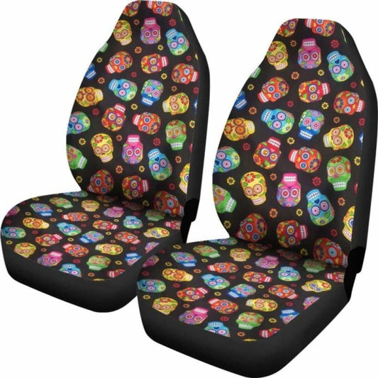 Set 2 Pcs Floral Sugar Skull Day Of The Dead Skull Car Seat Covers 101207