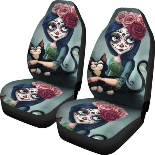 Set 2 Pcs Floral Sugar Skull Day Of The Dead Skull Car Seat Covers 101207