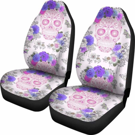 Set 2 Pcs Floral Sugar Skull Day Of The Dead Skull Car Seat Covers 101207