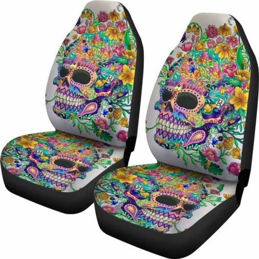 Set 2 Pcs Floral Sugar Skull Day Of The Dead Skull Car Seat Covers 101207