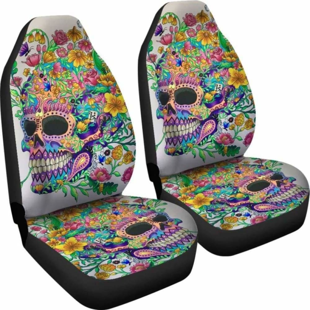 Set 2 Pcs Floral Sugar Skull Day Of The Dead Skull Car Seat Covers 101207