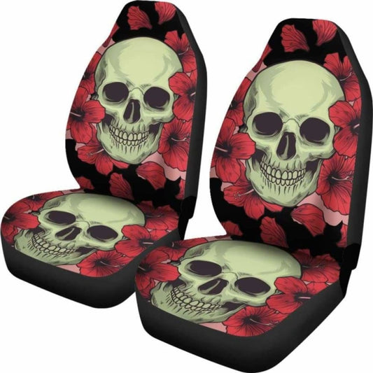 Set 2 Pcs Floral Sugar Skull Day Of The Dead Skull Car Seat Covers 101207