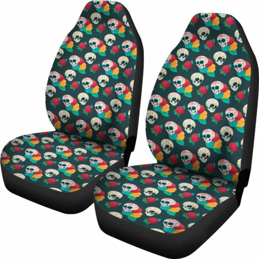 Set 2 Pcs Floral Sugar Skull Day Of The Dead Skull Car Seat Covers 101207