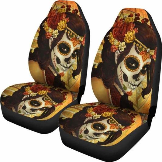 Set 2 Pcs Sugar Skull Day Of The Dead Car Seat Covers 101207