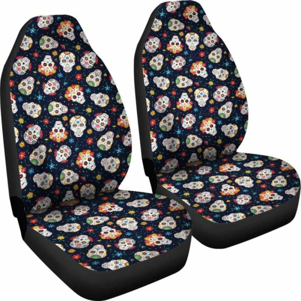 Set 2 Seat Cover Sugar Skulls - Day Of The Dead Car Seat Covers 101207