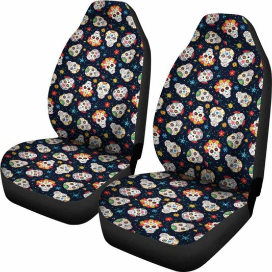 Set 2 Seat Cover Sugar Skulls - Day Of The Dead Car Seat Covers 101207