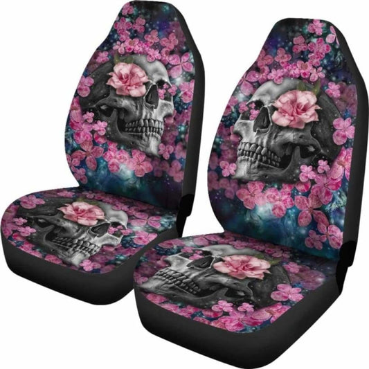 Set Of 2 Beautiful Floral Sugar Skull Car Seat Covers 101207