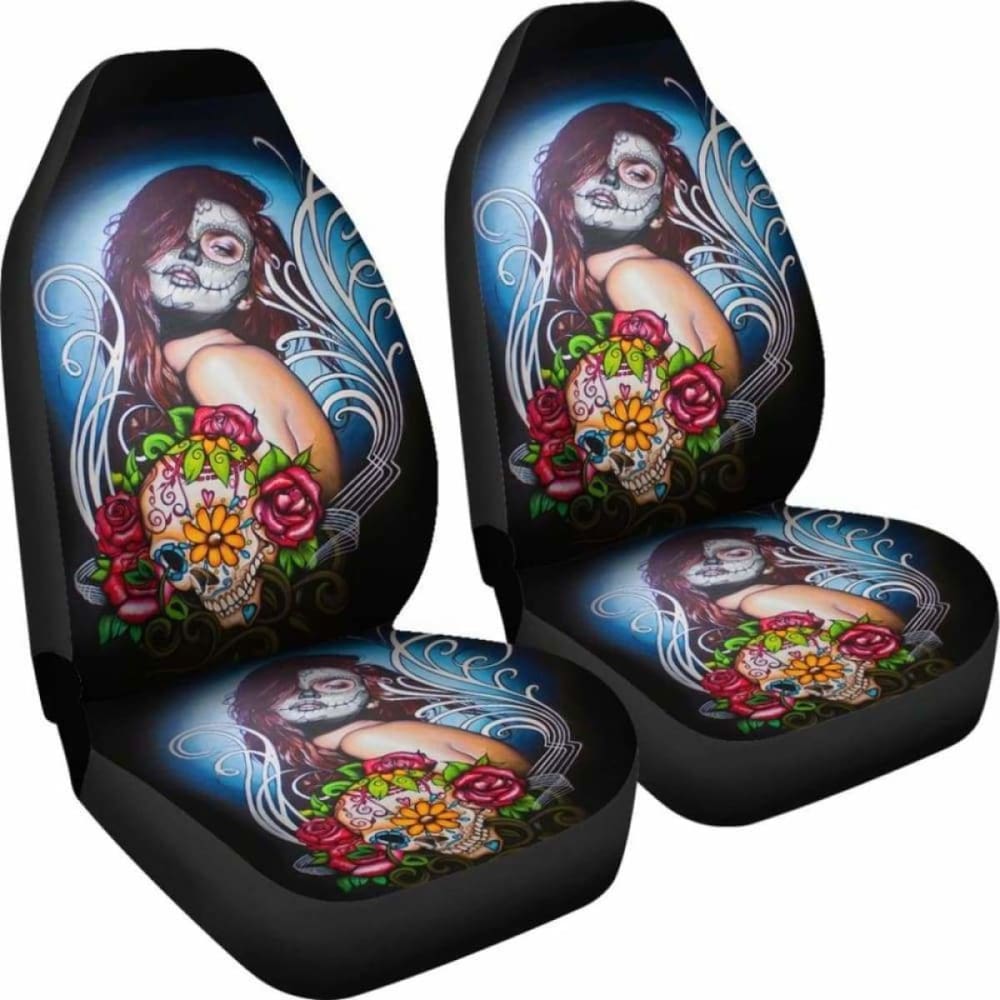 Set Of 2 - Beautiful Sugar Skull Girl - Car Seat Cover 101207