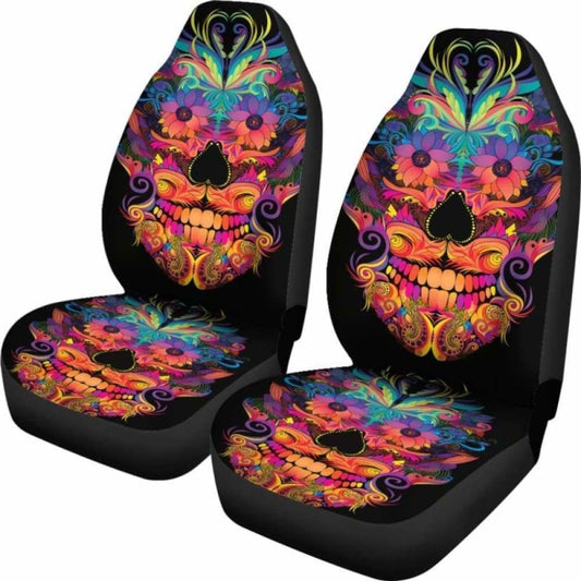 Set Of 2 Colorful Sugar Skull Car Seat Covers 101207
