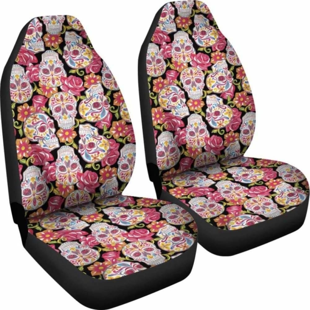 Set Of 2 Colorful Sugar Skull Car Seat Covers 101207