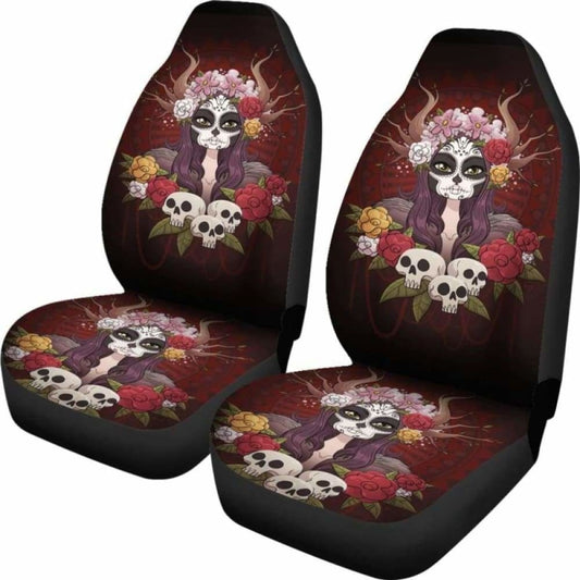Set Of 2 Day Of The Dead Sugar Skull Car Seat Covers 101207
