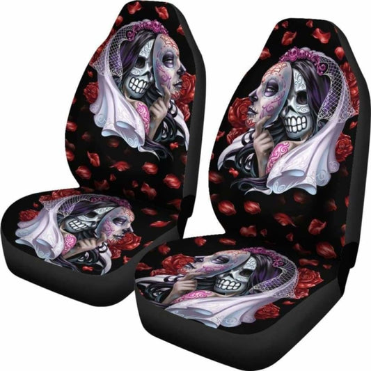 Set Of 2 Day Of The Dead Sugar Skull Car Seat Covers 101207