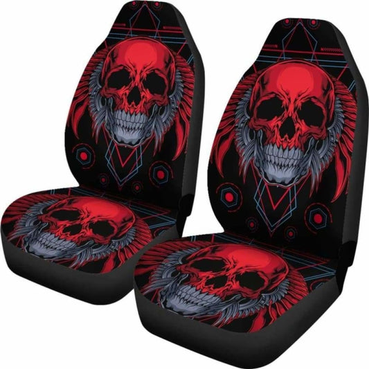 Set Of 2 Flaming Fire Red Skull Car Seat Covers 101207
