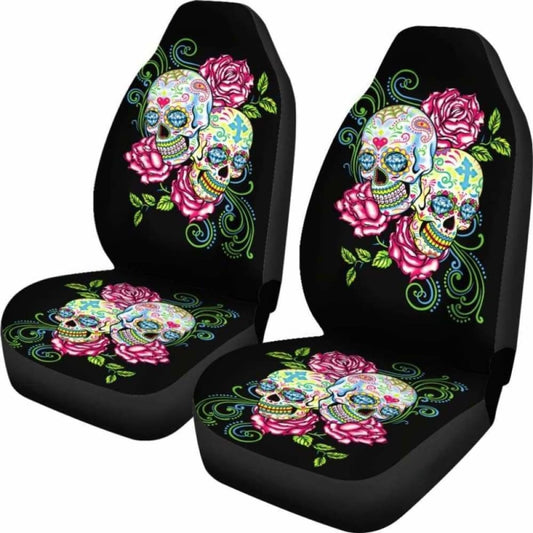 Set Of 2 Floral Sugar Skull Car Seat Covers 101207