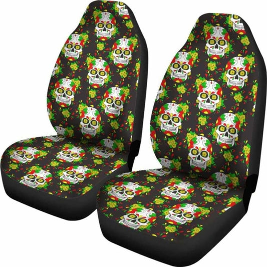 Set Of 2 Floral Sugar Skull Day Of The Dead Car Seat Covers 101207