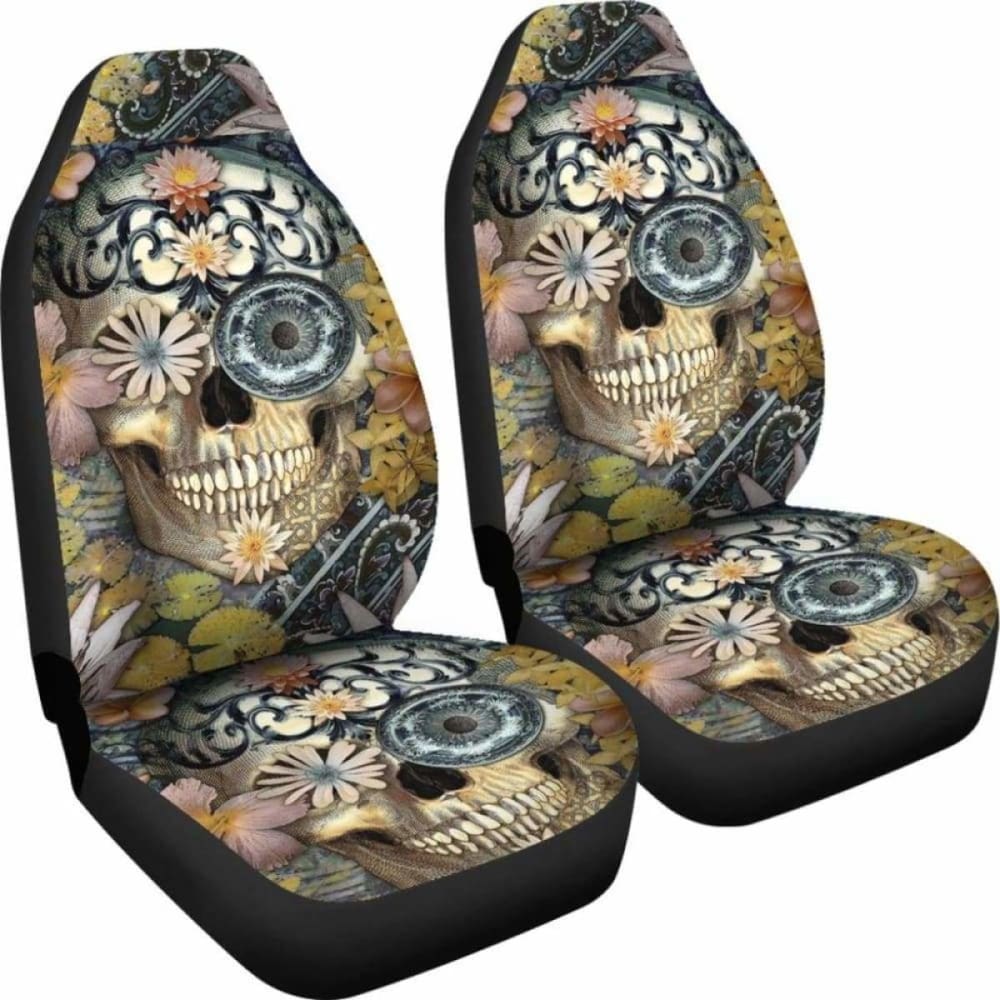Set Of 2 Floral Sugar Skull Seat Covers 101207