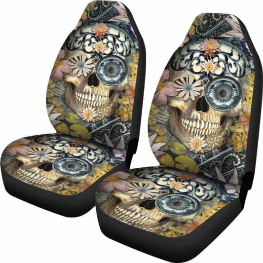 Set Of 2 Floral Sugar Skull Seat Covers 101207