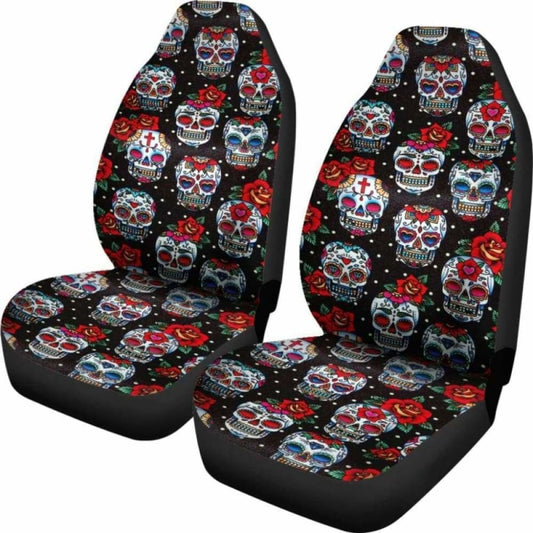 Set Of 2 Floral Sugar Skull Seat Covers 101207